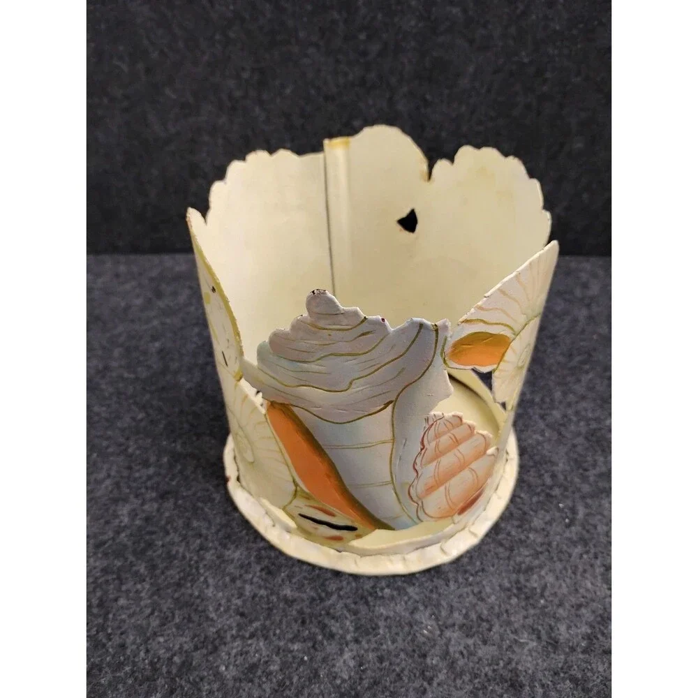 Vintage Coastal Seashell Motif Handmade Metal Candle Holder Artist Signed 5